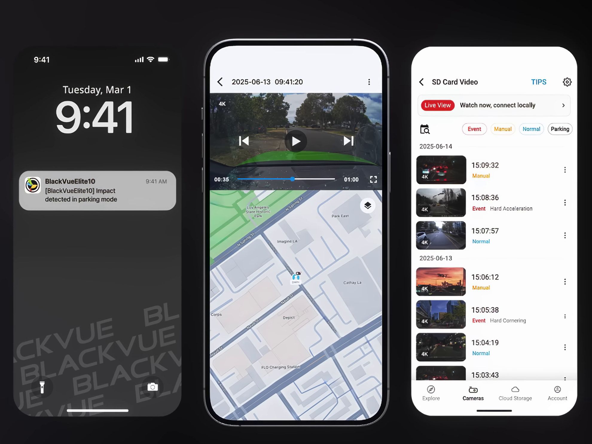 Aplicația BlackVue pe trei telefoane: notificare de impact în parcare, video live cu harta și lista înregistrărilor